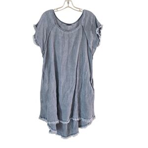 Meo Meli Womens Casual Blue Frayed‎ Hem Dress 100% Linen Breathable Coastal